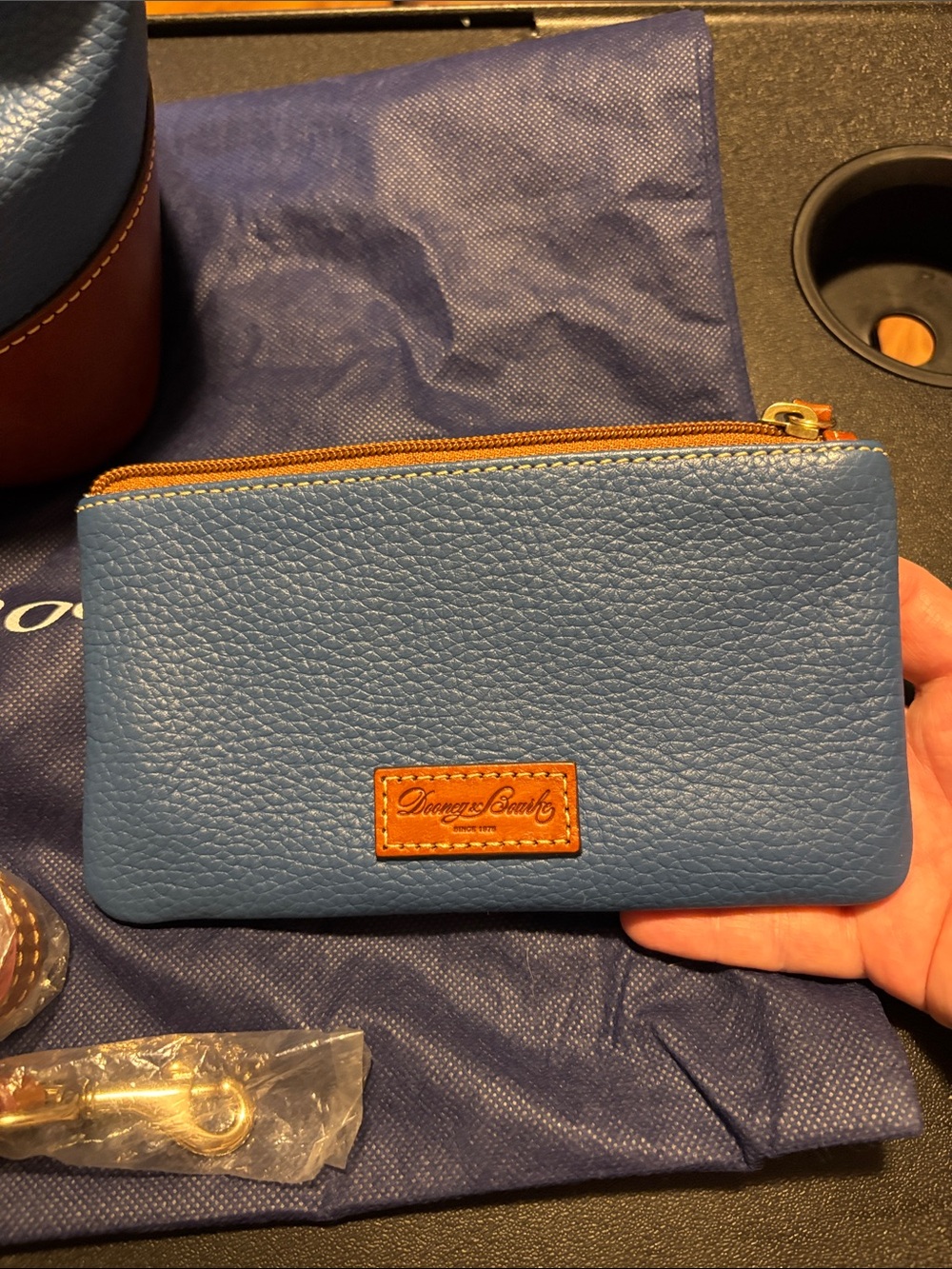 Dooney & Bourke Blue Pebbled Leather Satchel with Brown Trim and Wristlet - Picture 3 of 16